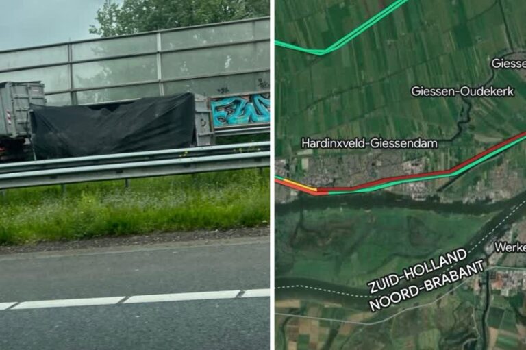 Aanhangwagen gekanteld op A15, bijna anderhalf uur vertraging
