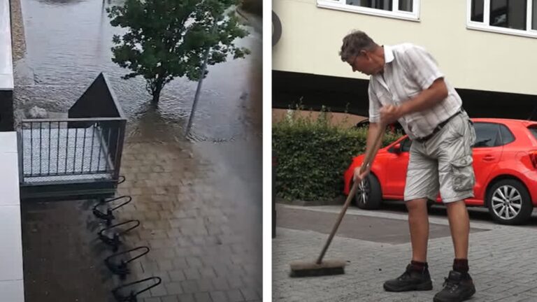 Bewoners beleven waterballet aan de Wilhelminastraat: ‘Drollen dreven in de garage’