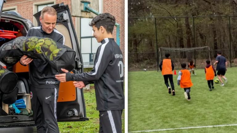 Peter geeft voetbaltraining aan kinderen in azc’s